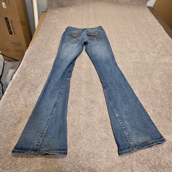 Y2K vtg Embellished boho western Revolution Distressed Flare jeans sz 11 - Picture 1 of 15